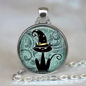 Halloween Cat With Hat Silver & Glass Necklace